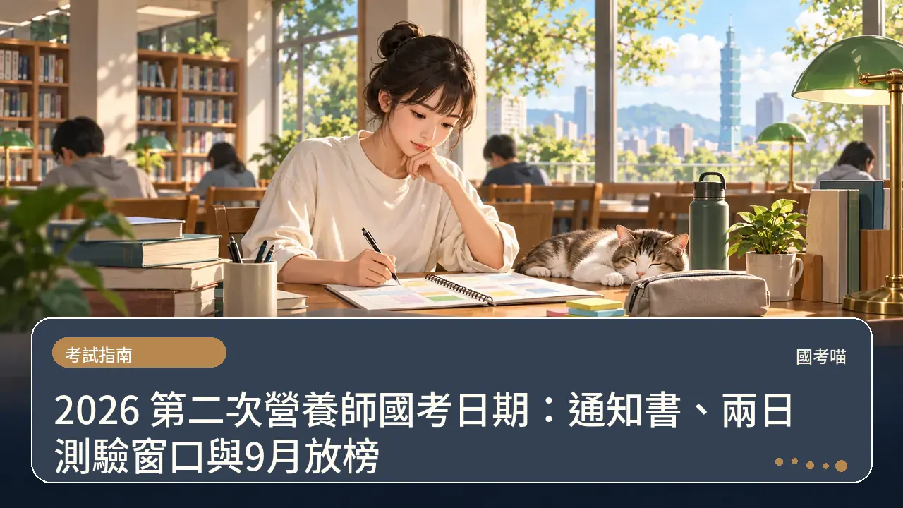 2026 第二次營養師國考日期：通知書、兩日測驗窗口與9月放榜主題插畫