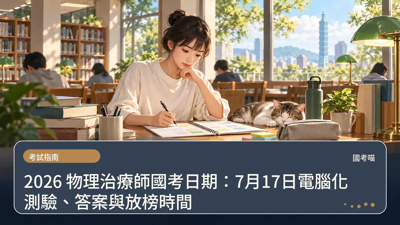 2026 物理治療師國考日期：7月17日電腦化測驗、答案與放榜時間主題插畫