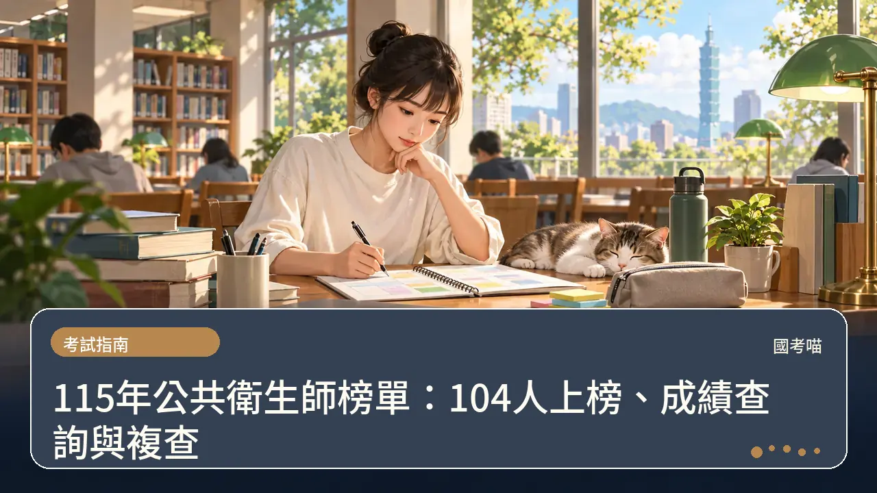 115年公共衛生師榜單:104人上榜、成績查詢與複查主題插畫