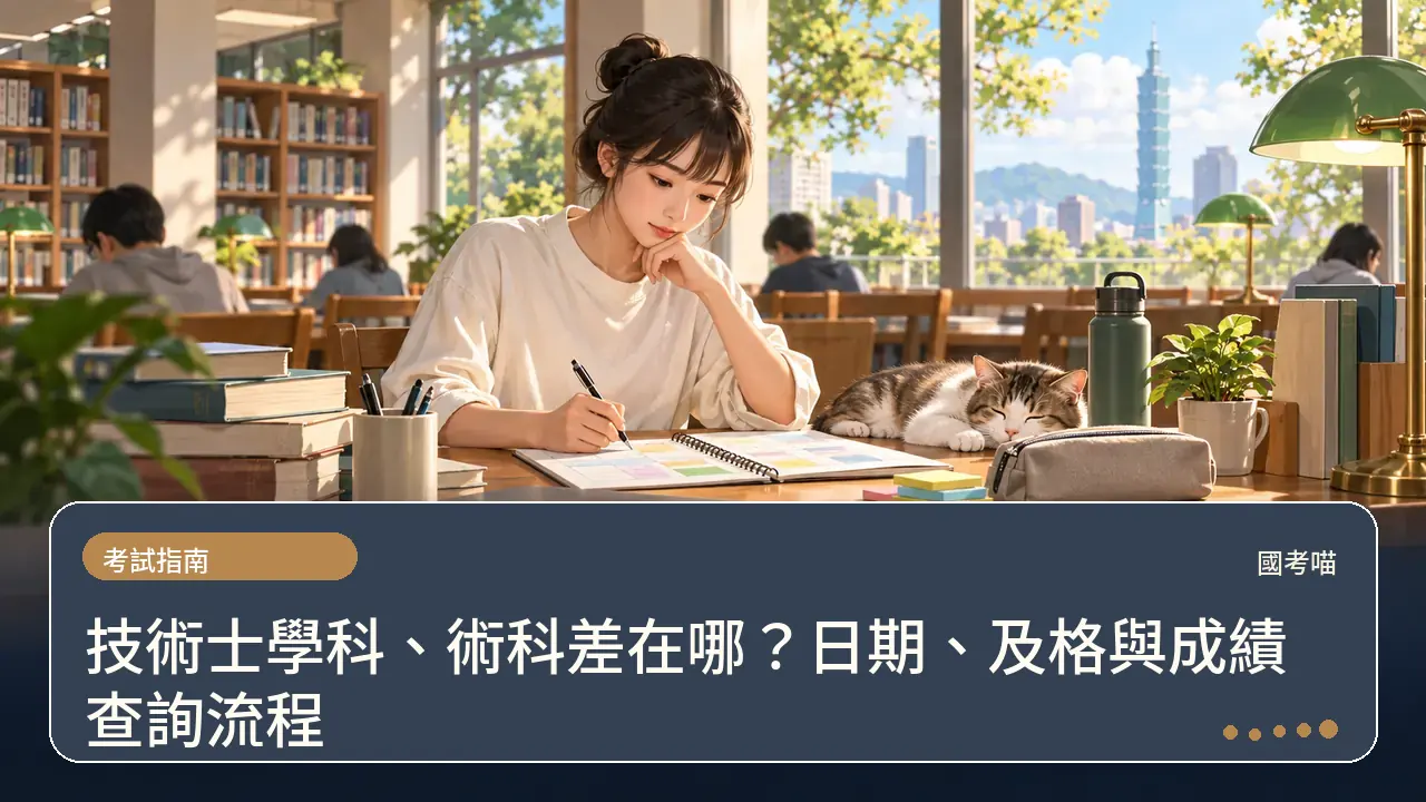 技術士學科、術科差在哪？日期、及格與成績查詢流程主題插畫