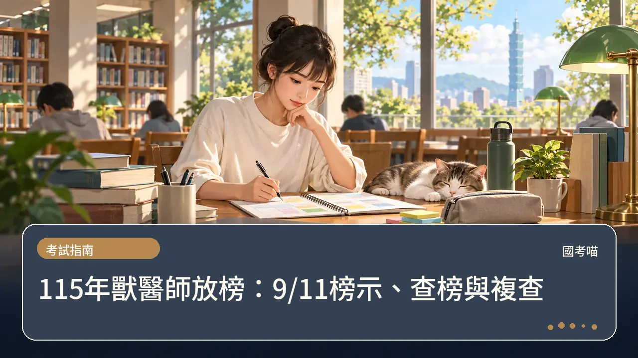 115年獸醫師放榜:9/11榜示、查榜與複查主題插畫